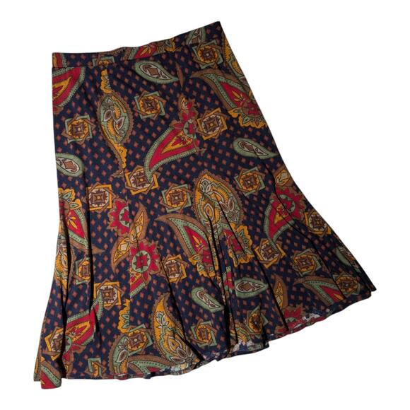 Vtg 1970s Black Jersey Knit Paisley Print Elastic Waist Broomstick Midi Skirt 14 - Picture 1 of 3
